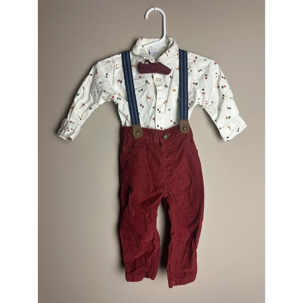 Old Navy Baby Boy Woodland Fox Shirt Corduroy Pants Suspenders Bow Tie Set 6-12M
